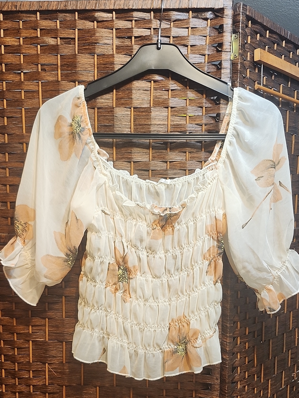 Timing Cream Floral Smocked Crop Top with Beige Flowers